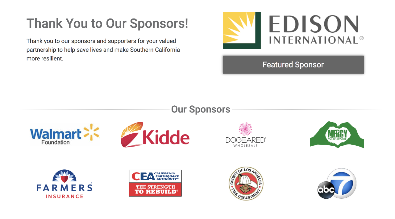 Sponsor logos, Edison International, Walmart, Kiddie, Dogeared, Mercy, Farmers Insurance, CEA, County of Los Angeles Fire Department, and ABC 7.
