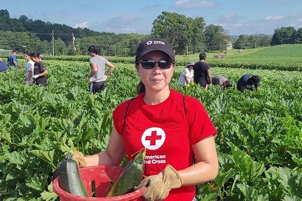 Red Cross volunteer standing in a field with a basket of zucchini 