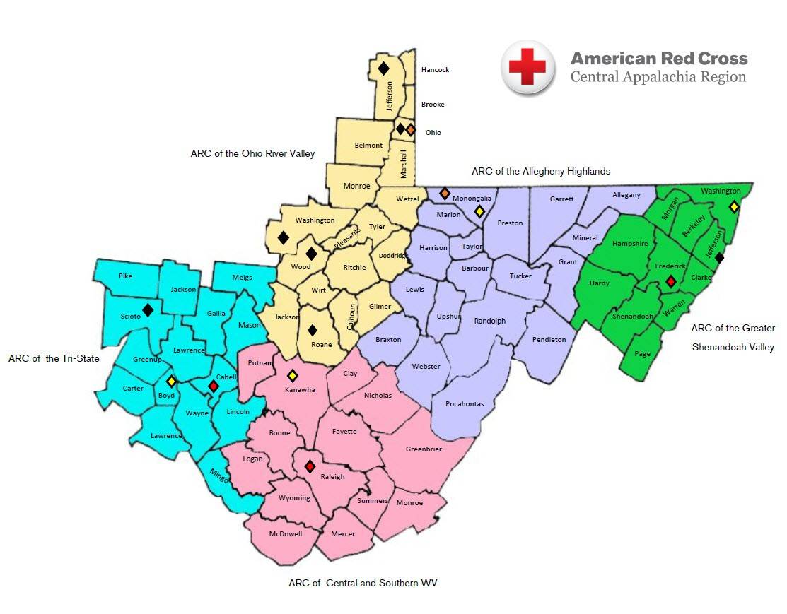 Map of counties served by Central Appalachia Red Cross
