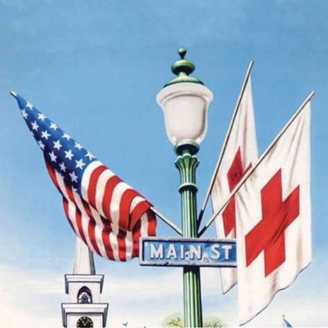 Drawing of American flag and Red Cross flag hanging on street light.