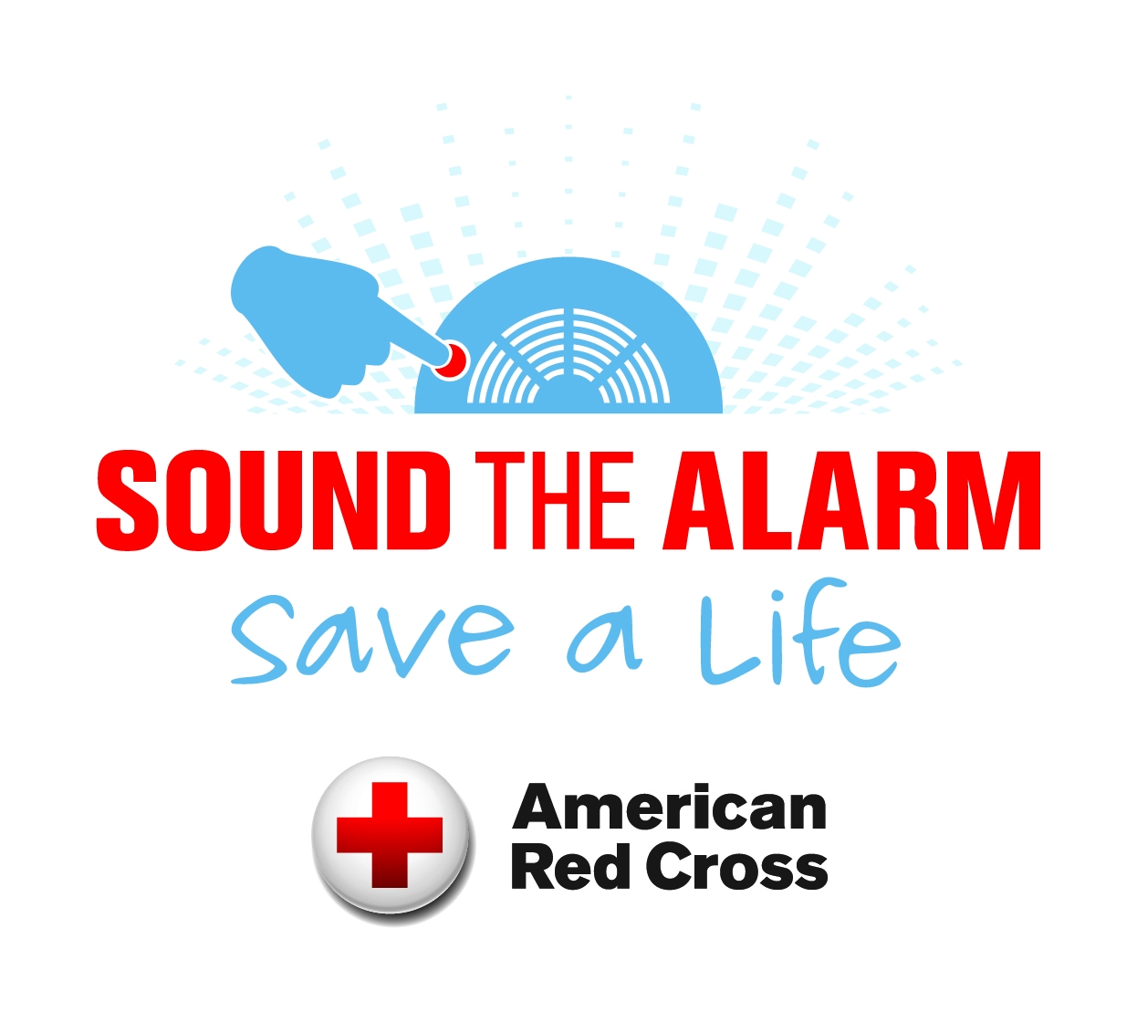 Red Cross Sound the Alarm Save a Life logo with illustration of a smoke alarm