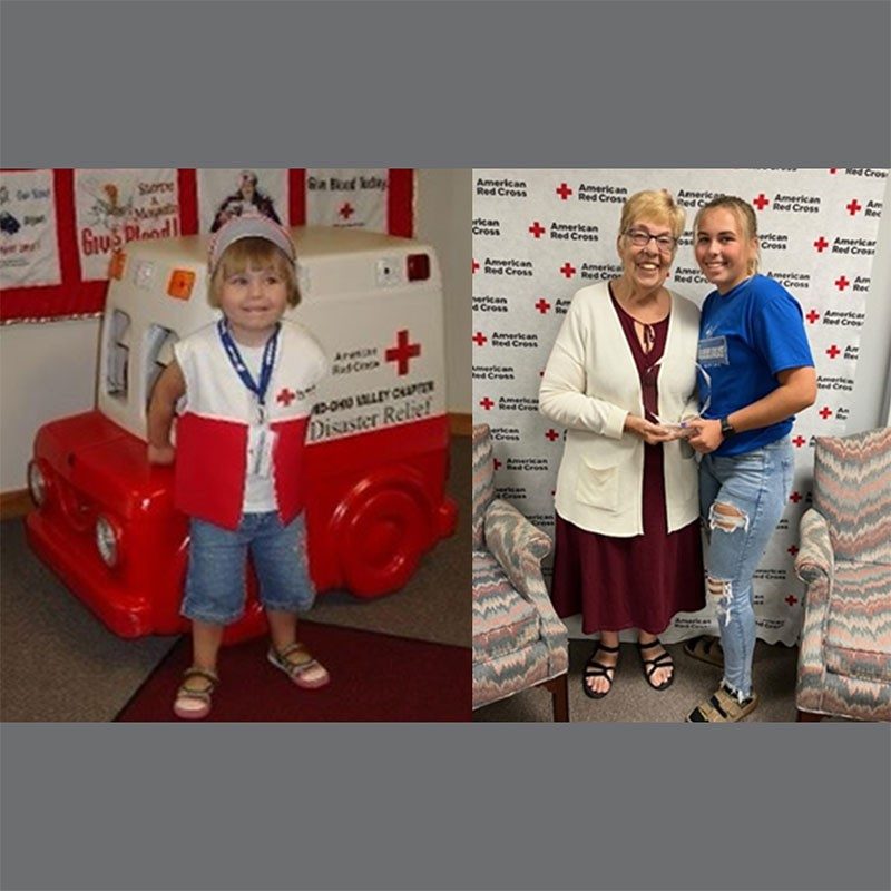 Megan when a child next to Red Cross toy truck and grown up with grandmother.