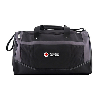 Black and grey duffel bag with American Red Cross logo