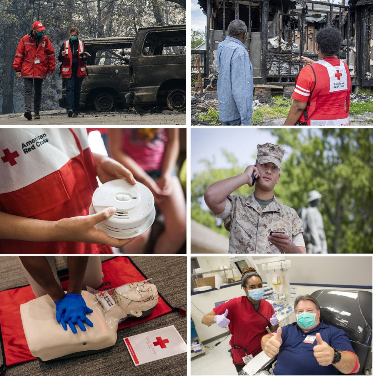 Picture collage of Red Cross volunteers and military person
