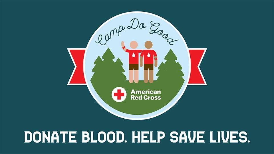 Orkin Blood Drive banner with drawing of two people in forest with blood drop on shirt