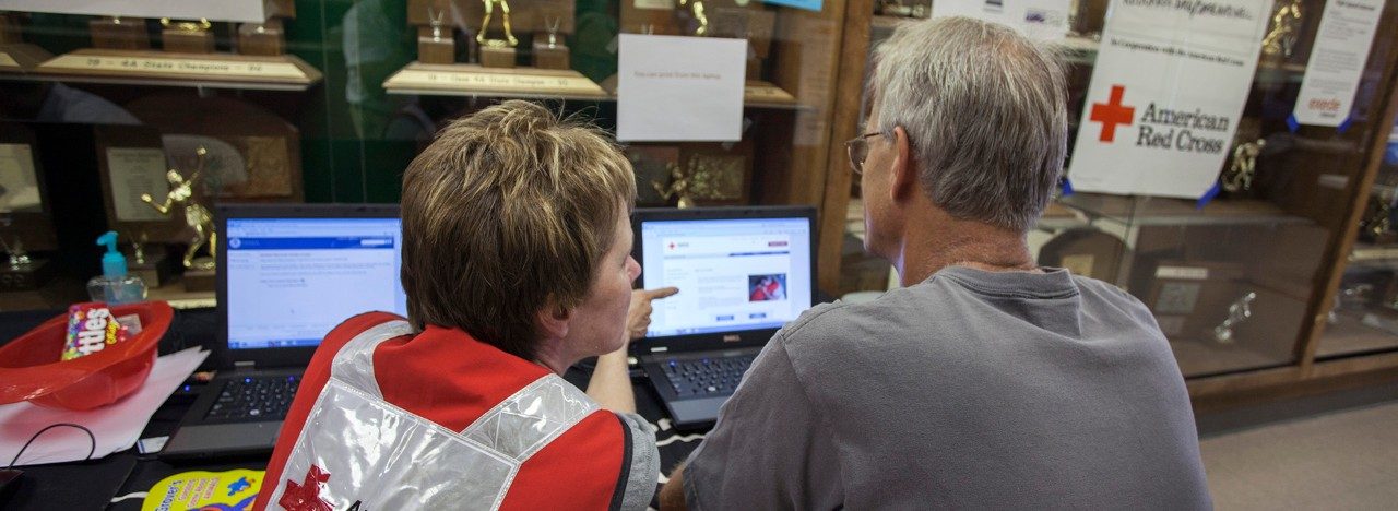 volunteers viewing laptop