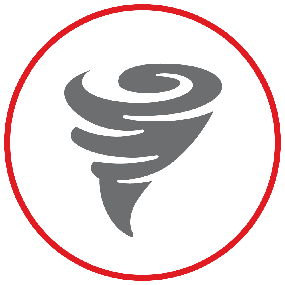Icon depicting a tornado enclosed within a red circle