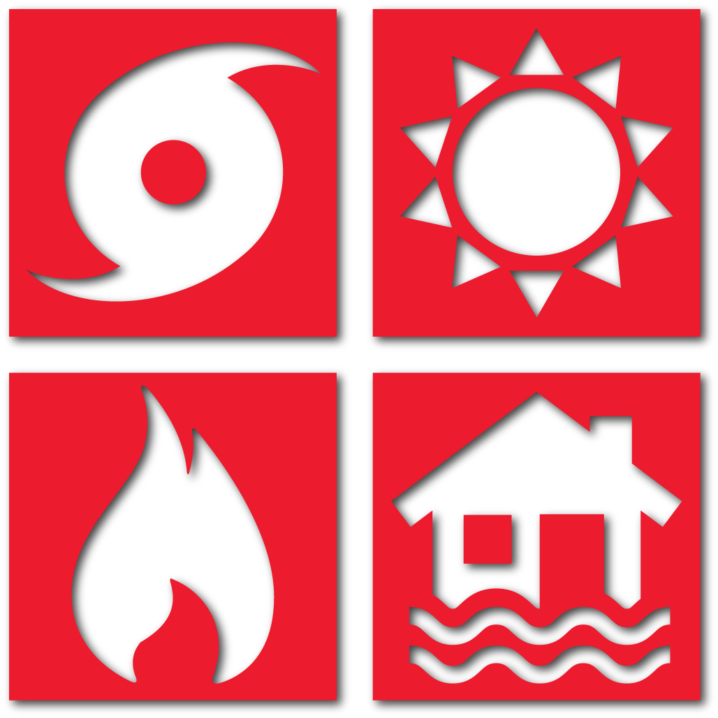 Four square icon showing tornado, sun, fire and flooding