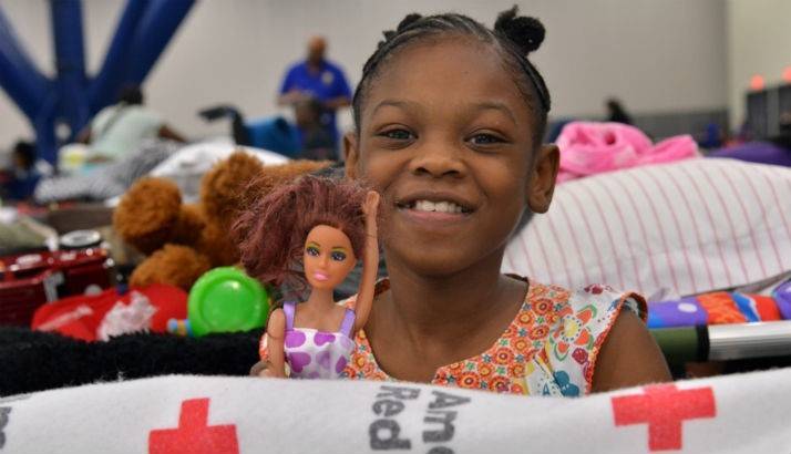 9 year old Ty’Vise, a Houston evacuee, plays at a Red Cross shelter