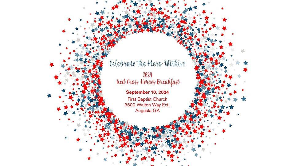 Heroes Breakfast banner with a circle made of multiple small red, white, and blue stars