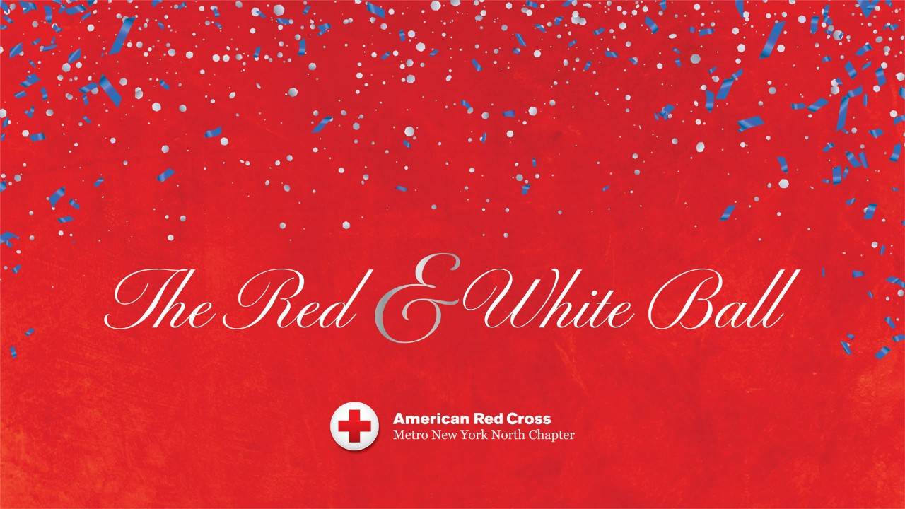 Red and White Ball text banner with red background and blue and white design elements