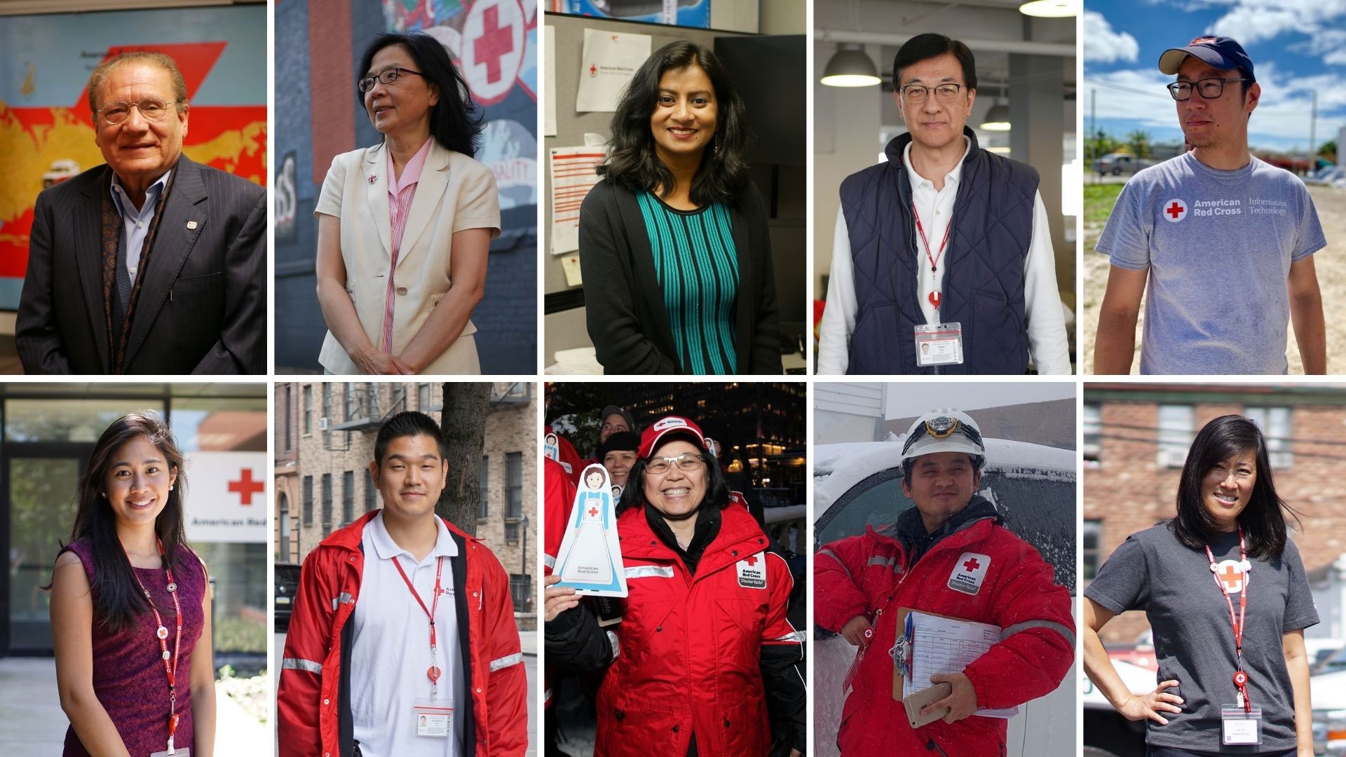 Collage of Asian Americans and Pacific Islanders in Red Cross outfits
