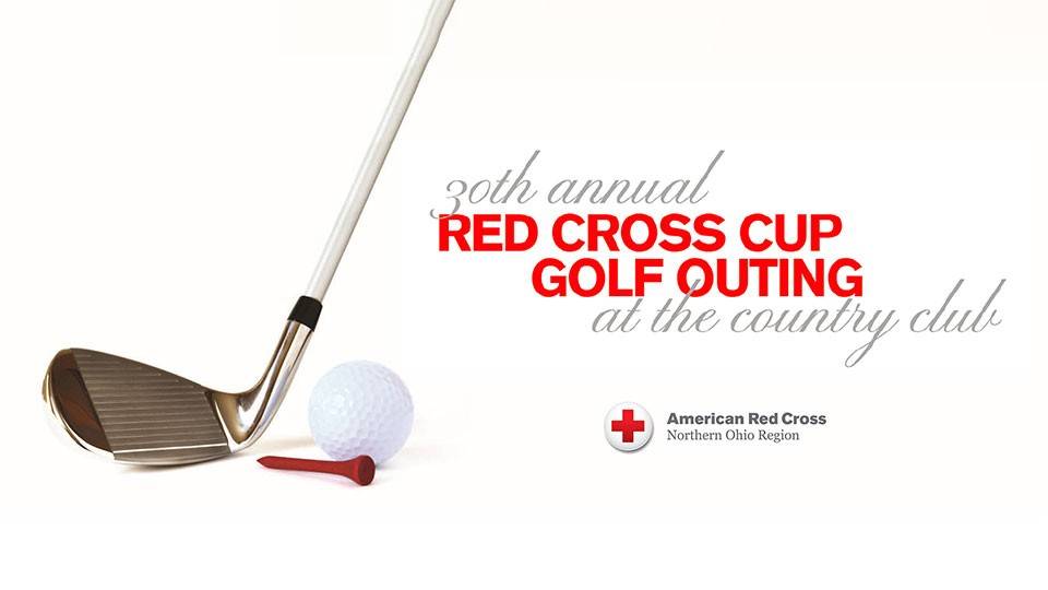 Red Cross Cup banner with golf club, golf ball and tee