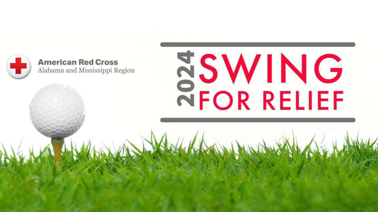 Text banner that says Swing for Relief Golf Tournament 2024 with red lettering