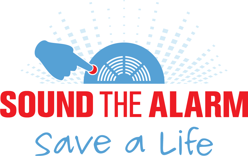 sound the alarm save a life in red text with blue smoke alarm icon