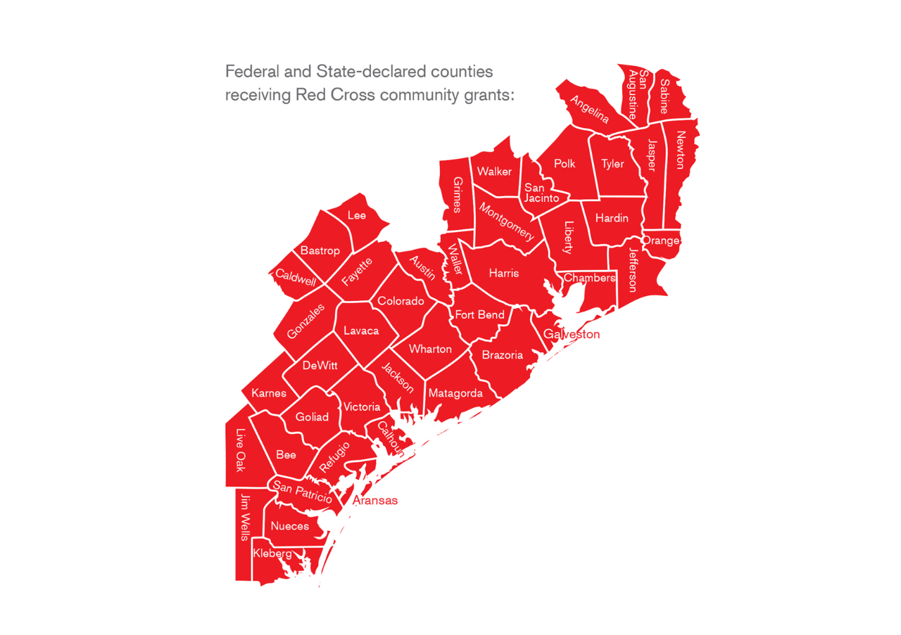 Federal and State-declaired counties receiving Red Cross community grants.