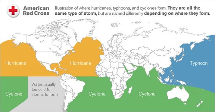 World map showing where hurricanes and typhoons occur