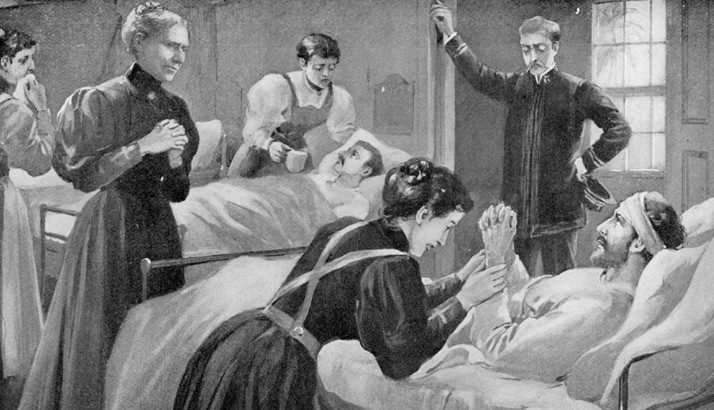 artwork of Clara Barton helping soldiers in a hospital