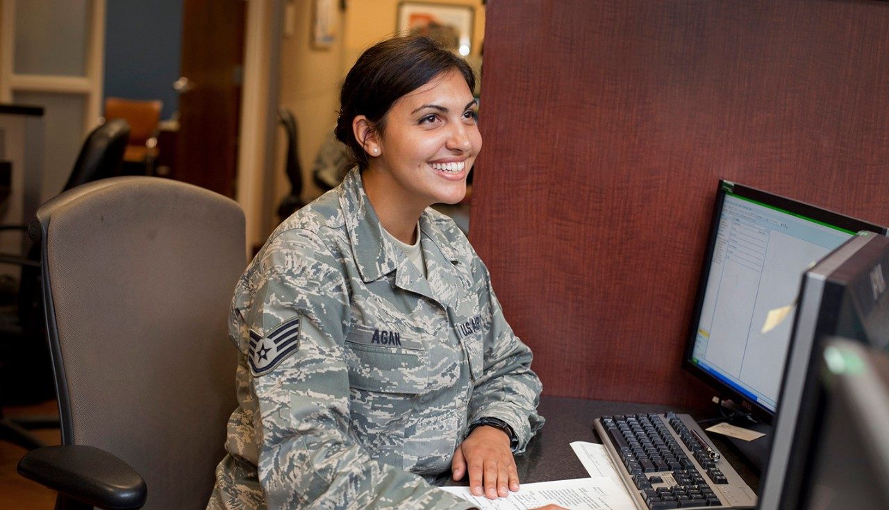military woman at computer