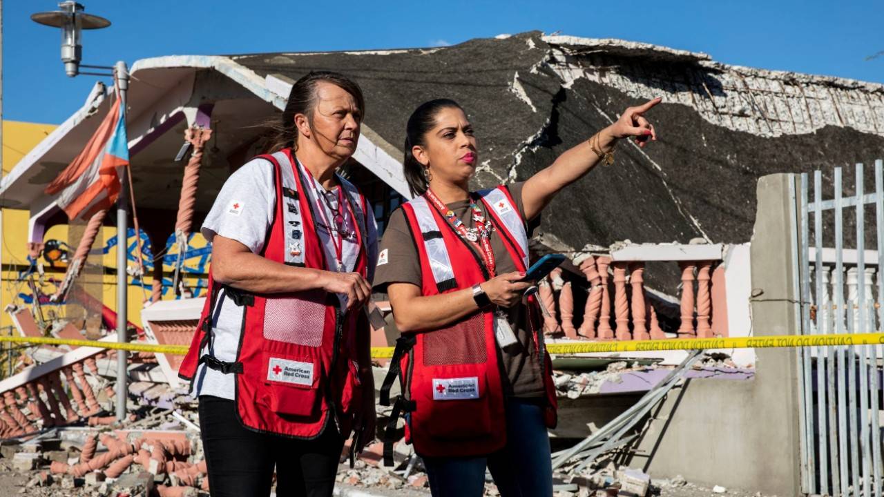 January 18, 2020. Guánica​, Puerto Rico.Red Cross volunteers conduct damage assessments in the city of Guánica. Many homes have collapsed or suffered critical structural issues since earthquakes began several weeks ago.Photo by Scott Dalton/American Red Cross