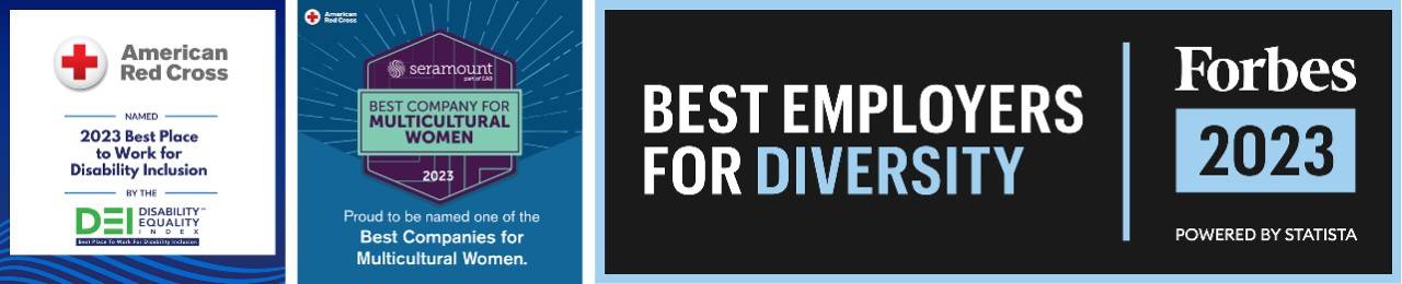 various logos of awards that the American Red Cross has won, including Best Employers for Diversity from Forbes 2023