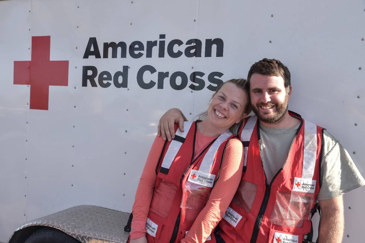 October 30th, 2019. Healdsburg, California. The Kincade Fire, which ignited in California’s Sonoma County on October 23, 2019 has torn through an estimated 76,825 acres.  47 structures were damaged, and 266 structures were destroyed. Red Cross volunteers Lisa Maddock and Ryan Costa are both from Santa Rosa. “I just had to do something to help,” said Costa. Photo by Albert Becker/American Red Cross
