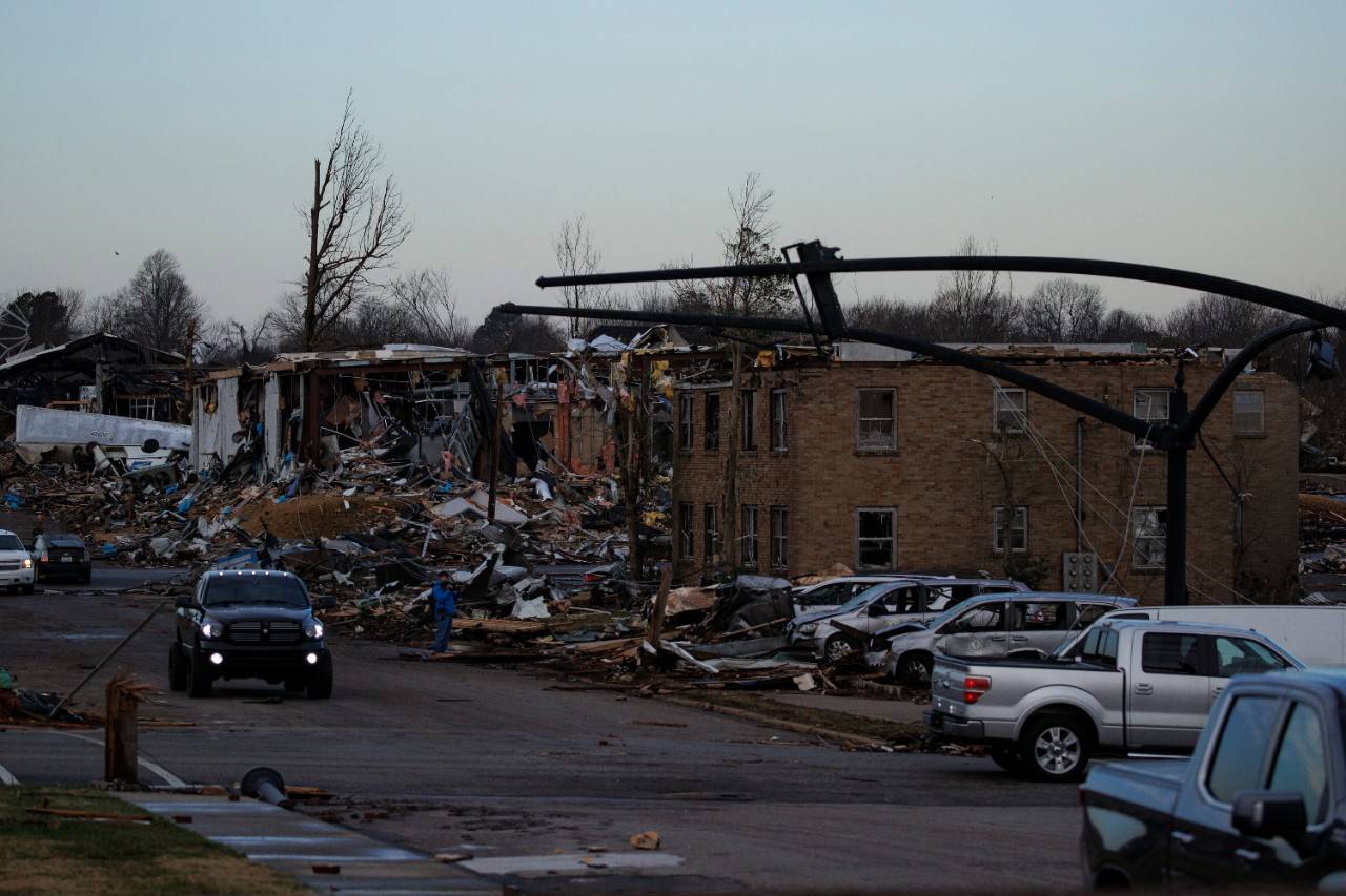 MAYFIELD, KY - DECEMBER 11:  Heavy damage is seen downtown after a tornado swept through the area on December 11, 2021 in Mayfield, Kentucky. Multiple tornadoes tore through parts of the lower Midwest late on Friday night leaving a large path of destruction and unknown fatalities.  (Photo by Brett Carlsen/Getty Images)