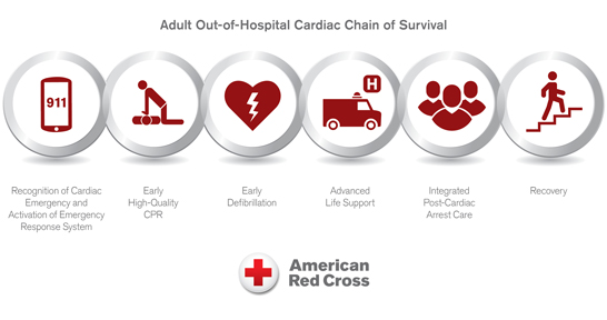 American Red Cross Adult Out-of-Hospital Cardiac Chain of Survival diagram showing six steps: 911 activation, early CPR, early defibrillation, advanced life support, post-arrest care, and recovery.