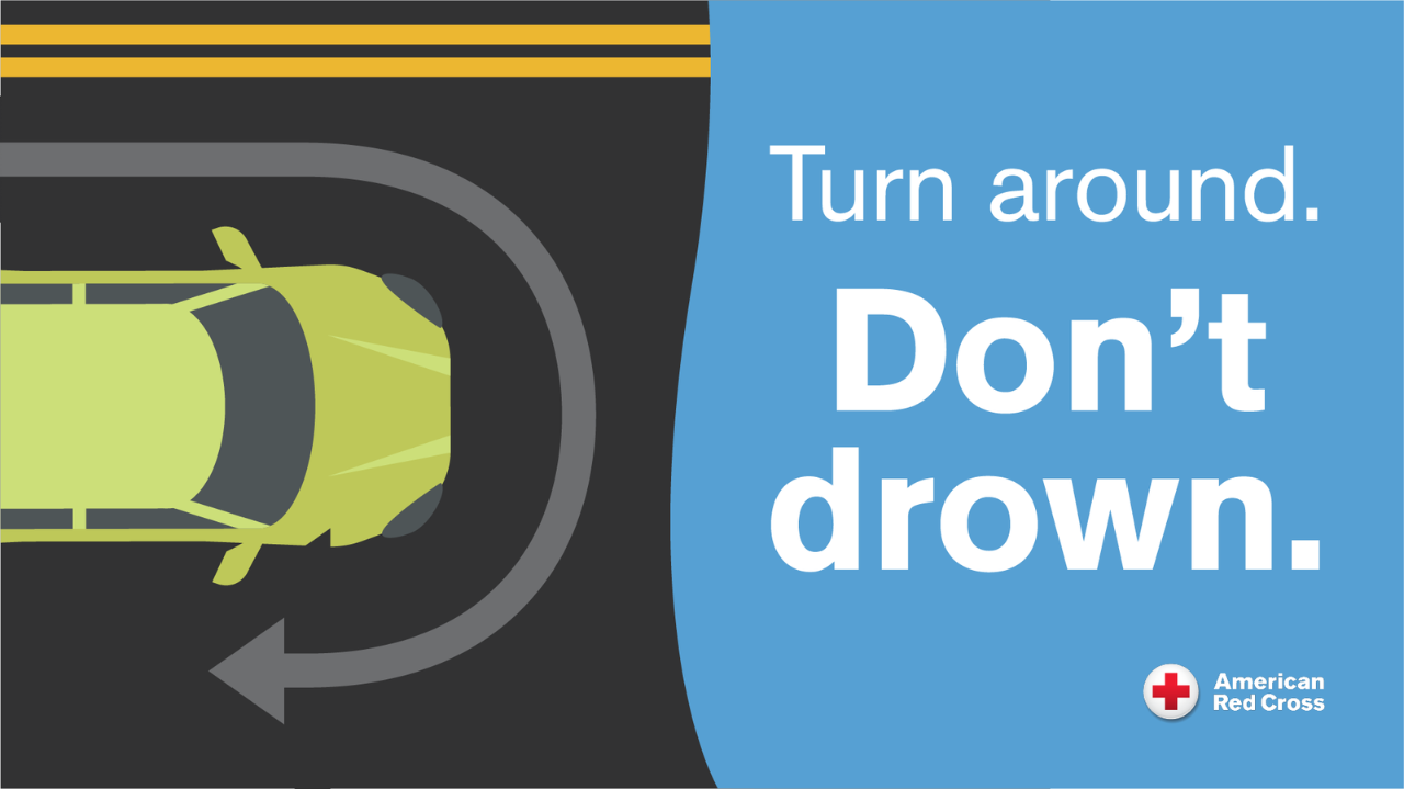 Don't try to cross flood waters. Turn around. Don't drown.