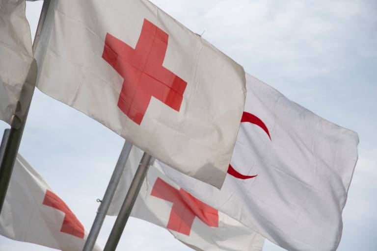 flags for Red Cross and Red Crescent waving in the wind