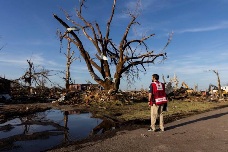 Red Crosser Eric Besson looks at damage