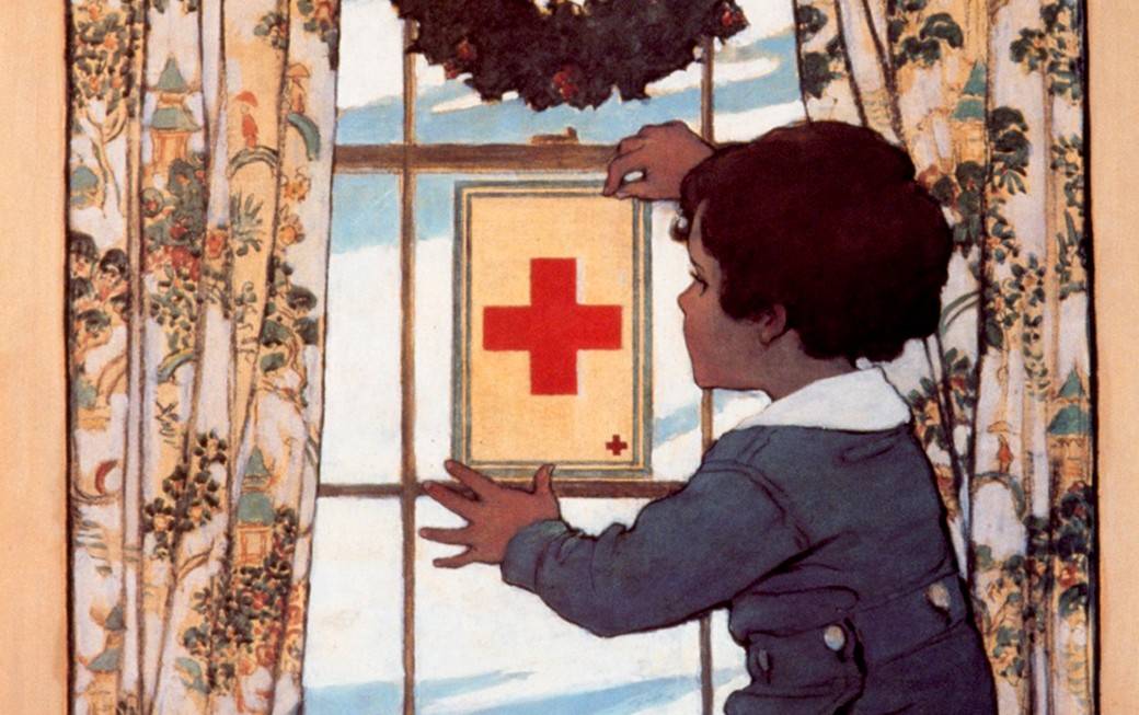A painting of a child hanging a Red Cross poster