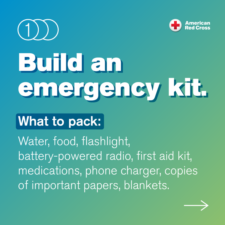 build an emergency kit. what to pack: water, food, flashlight, radio, first aid kit, medications, phone charger, copies of important papers, blankets