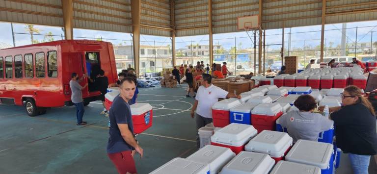 volunteers distributing supplies from a truck