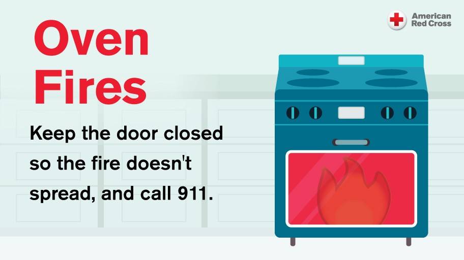 Oven fires, keep the door closed so the fire doesn't spread, call 911