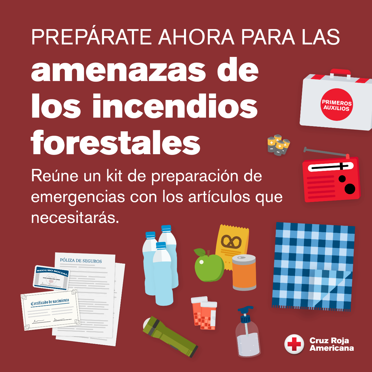 Un gráfico ilustrado que insta a los residentes del sur de California a armar un kit de emergencia para incendios forestales.