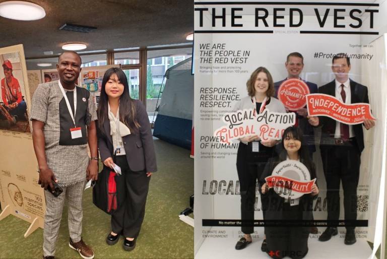un collage de dos fotos tomadas en Ginebra, la de la izquierda muestra a Rachel con un líder de otra sociedad nacional y la otra es una foto divertida que Rachel tomó con otros tres miembros de la Cruz Roja Americana en el evento a modo de fotomatón