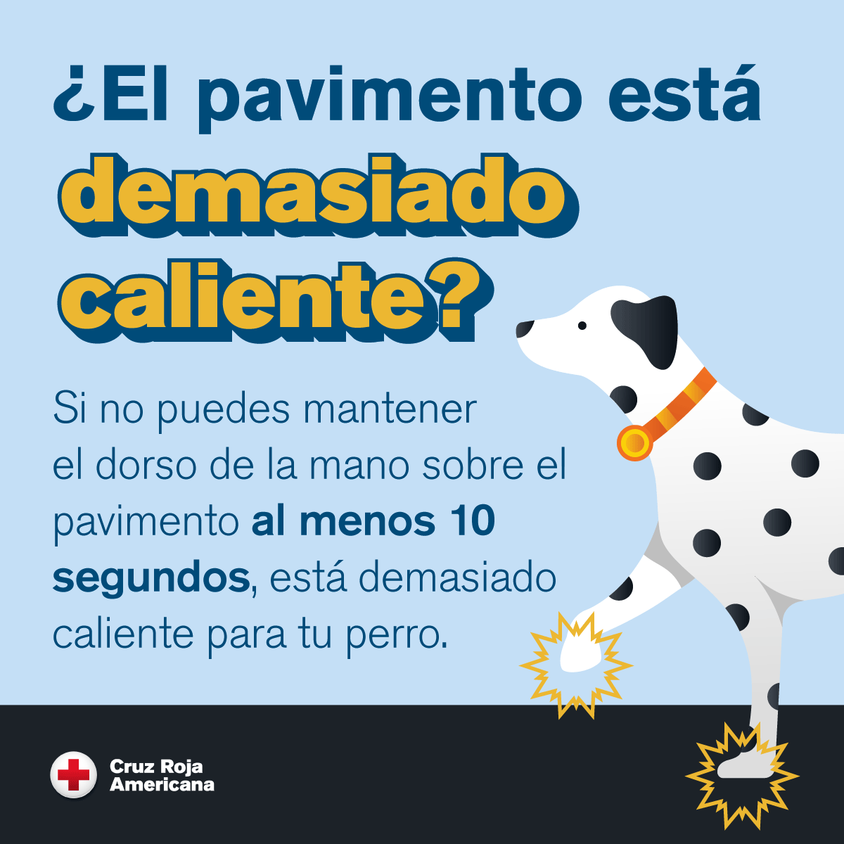 Gráfico con un dálmata y un aviso sobre el pavimento caliente y las patas de los perros.