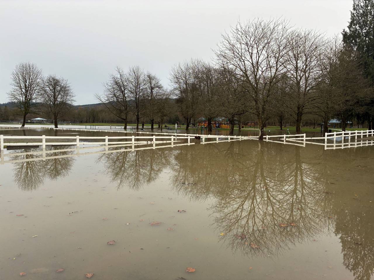 Floodwaters cover the ground in western Washington