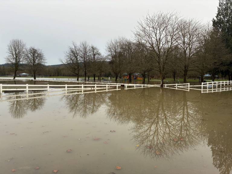 Floodwaters cover the ground in western Washington