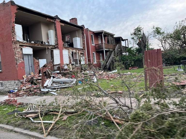 Piles of debris from a tornado