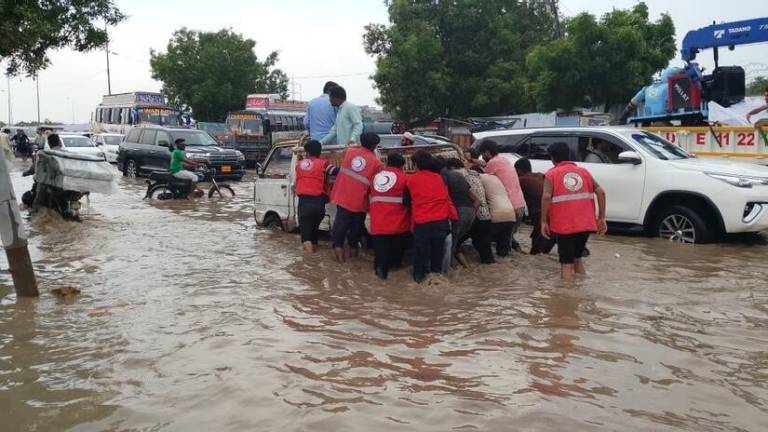 Personas con chalecos de la Cruz Roja descargan suministros de un camión.