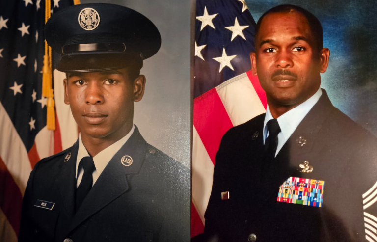 Two photos side by side of a man in military uniform. On the left, he’s young, sporting only a name badge. On the right, he’s an older man with several rows of awards ribbons.