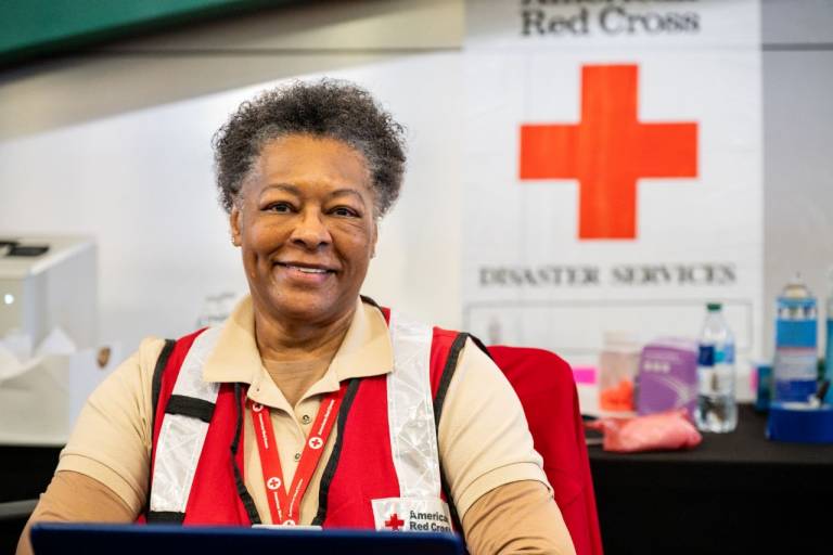 woman in Red Cross vest sitting behind a desk