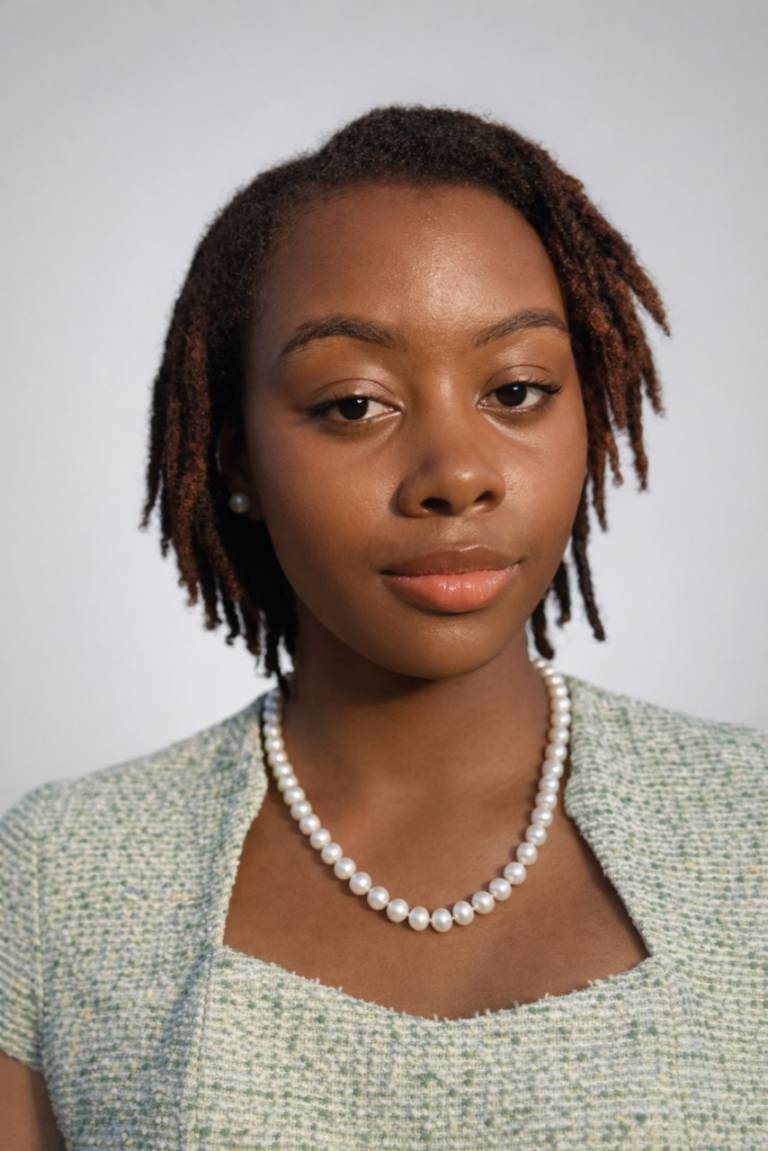 Portrait of Julie Heyliger, a young Black woman wearing a light green tweed top and a strand of pearls.