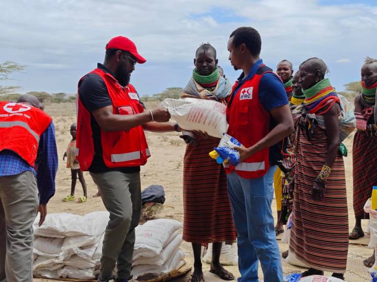 Three individuals in Red Cross vests and blue shirts hand dry goods and agricultural supplies to community members dressed in brightly colored clothing. A child looks on in the background and trees and dry terrain can be seen at a distance. 