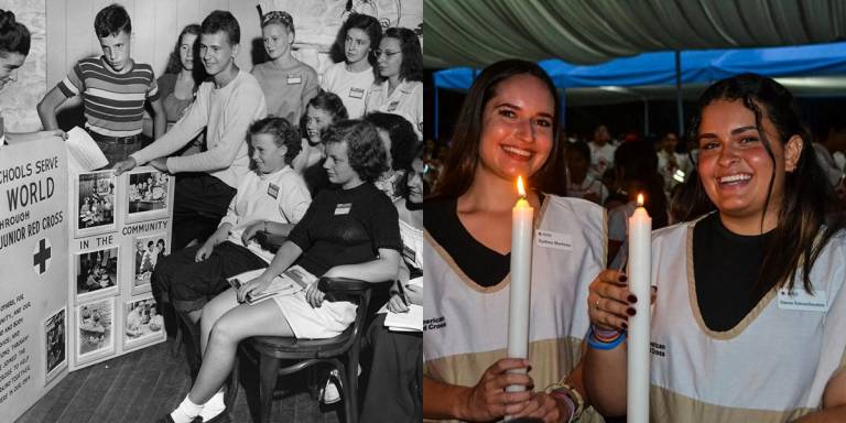 at left, group of young people looking at presentation. At right, two young women in Red Cross vests hold candles.