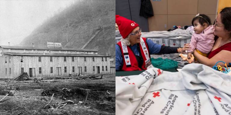 at left, black and white photo of flood damage. At right, woman in Red Cross vest talks to woman on a cot holding an infant.
