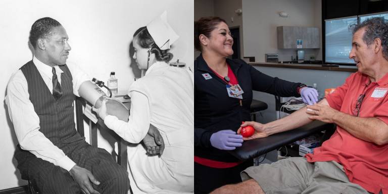at left, man sits with nurse gets blood pressure taken. At right, man and woman during his blood donation