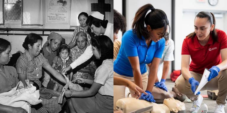 Alt text – left – group of women listen to woman teaching first aid skills. Right: Two people take CPR instruction from man in Red Cross shirt.